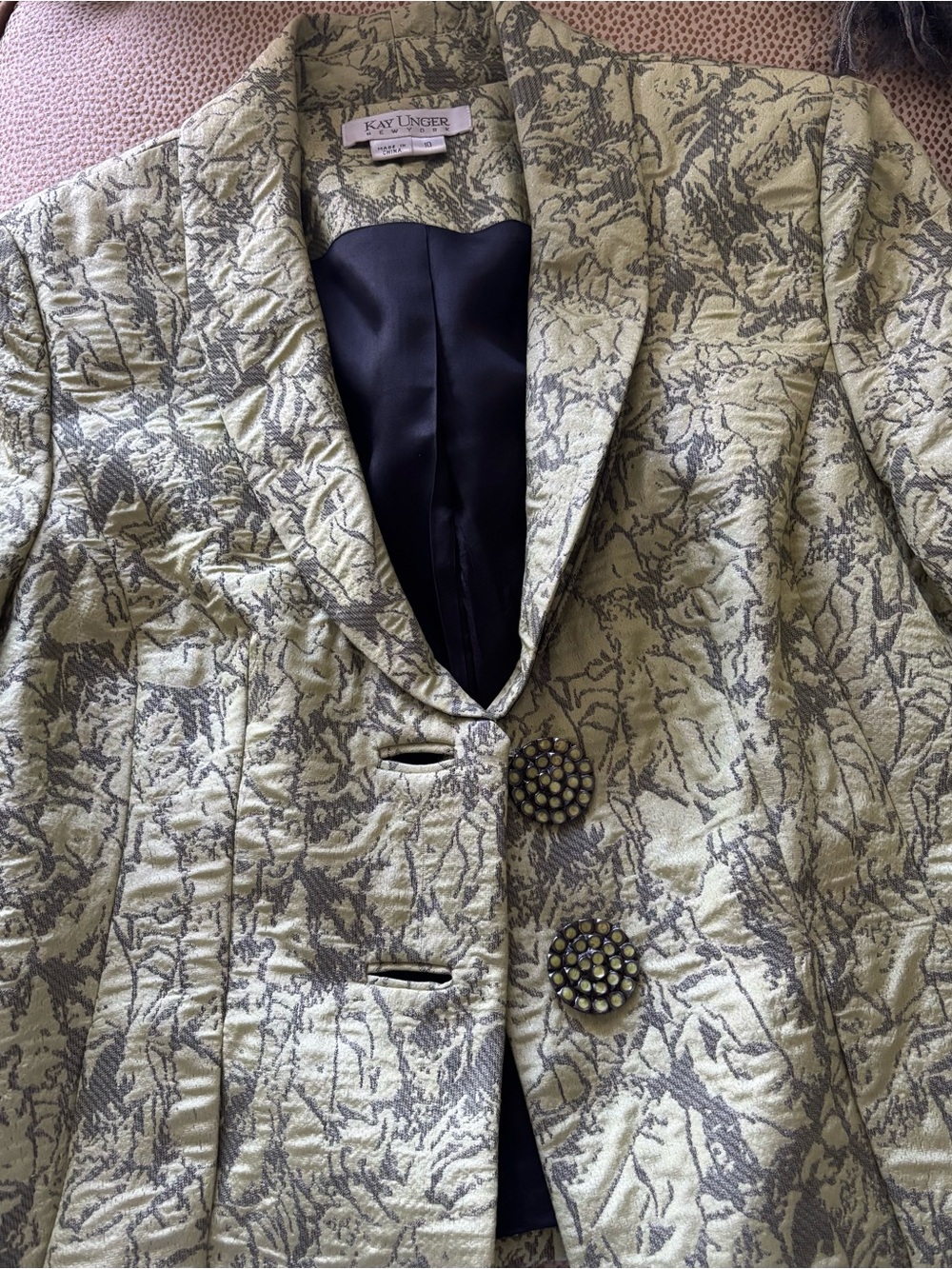 Kay Unger Light Green and Gray Patterned Brocade Blazer